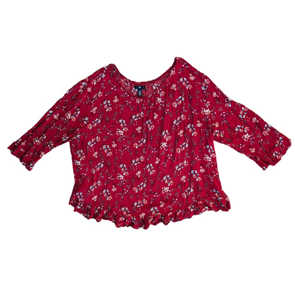 Gap Women's‎ Red Floral Print Long Sleeve Ruffled Neck Lettuce Hem Top XXL